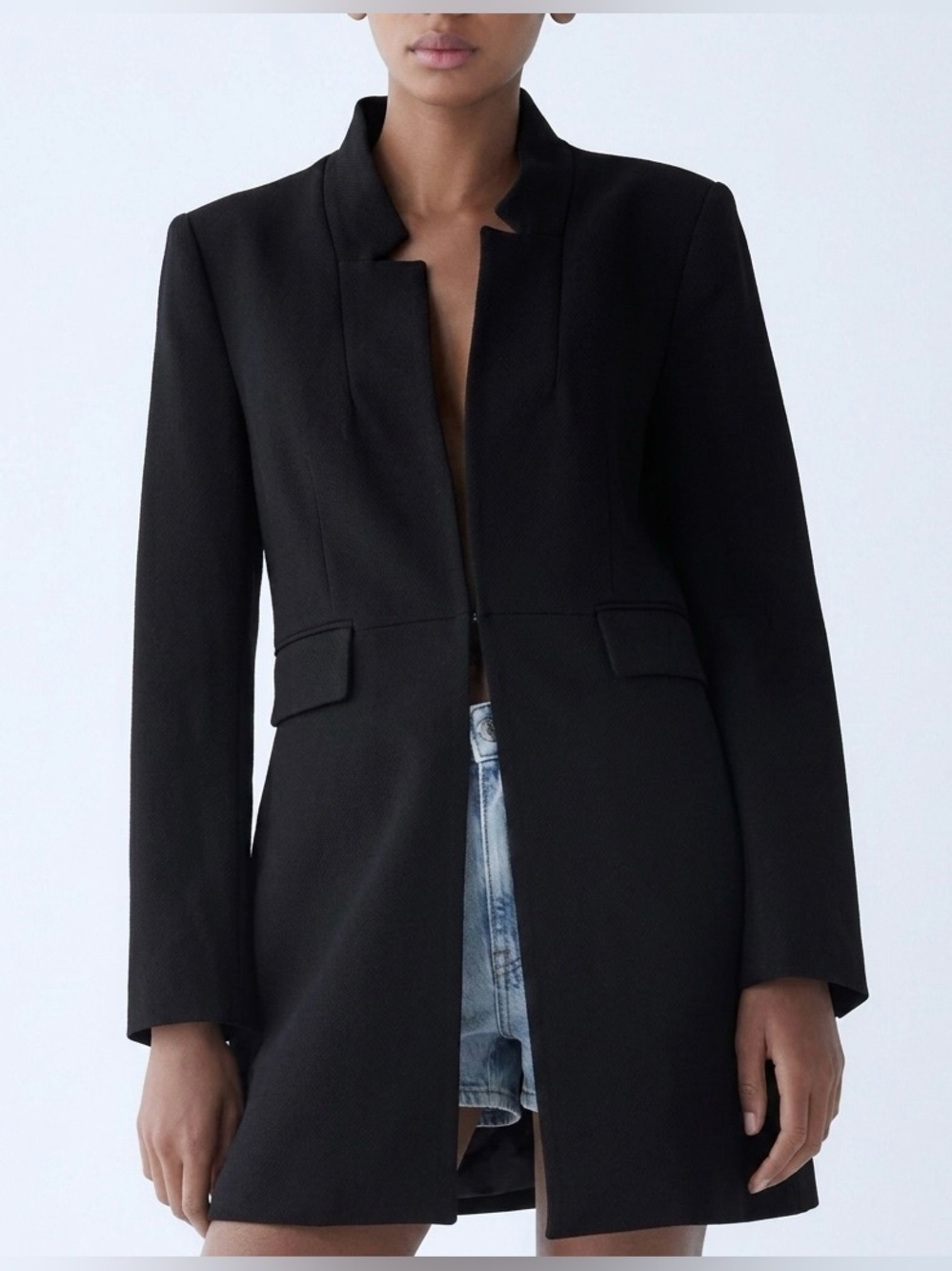 Zara Black Minimalist Inverted Lapel Longline Blazer Jacket Size Small Classic